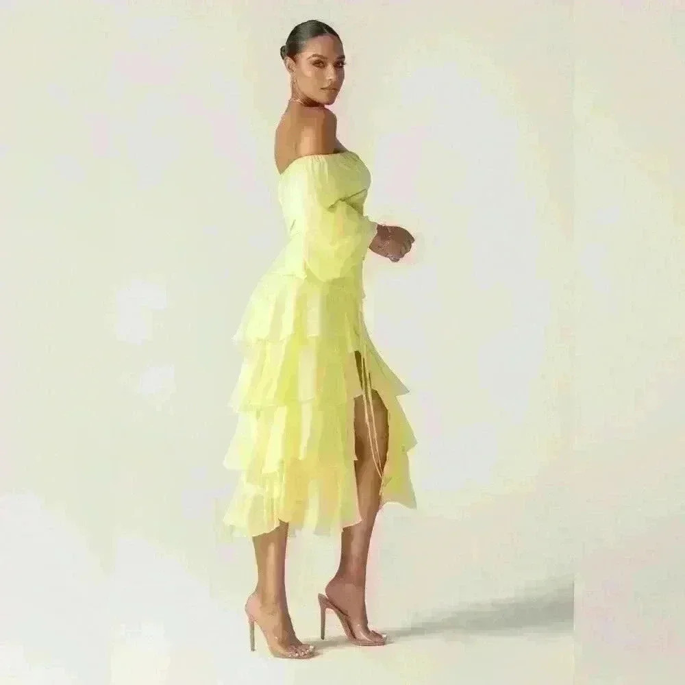 Alieva Dorra Chiffon Midi Dress Size Small Yellow Ruffle Sexy Girly Wavy
